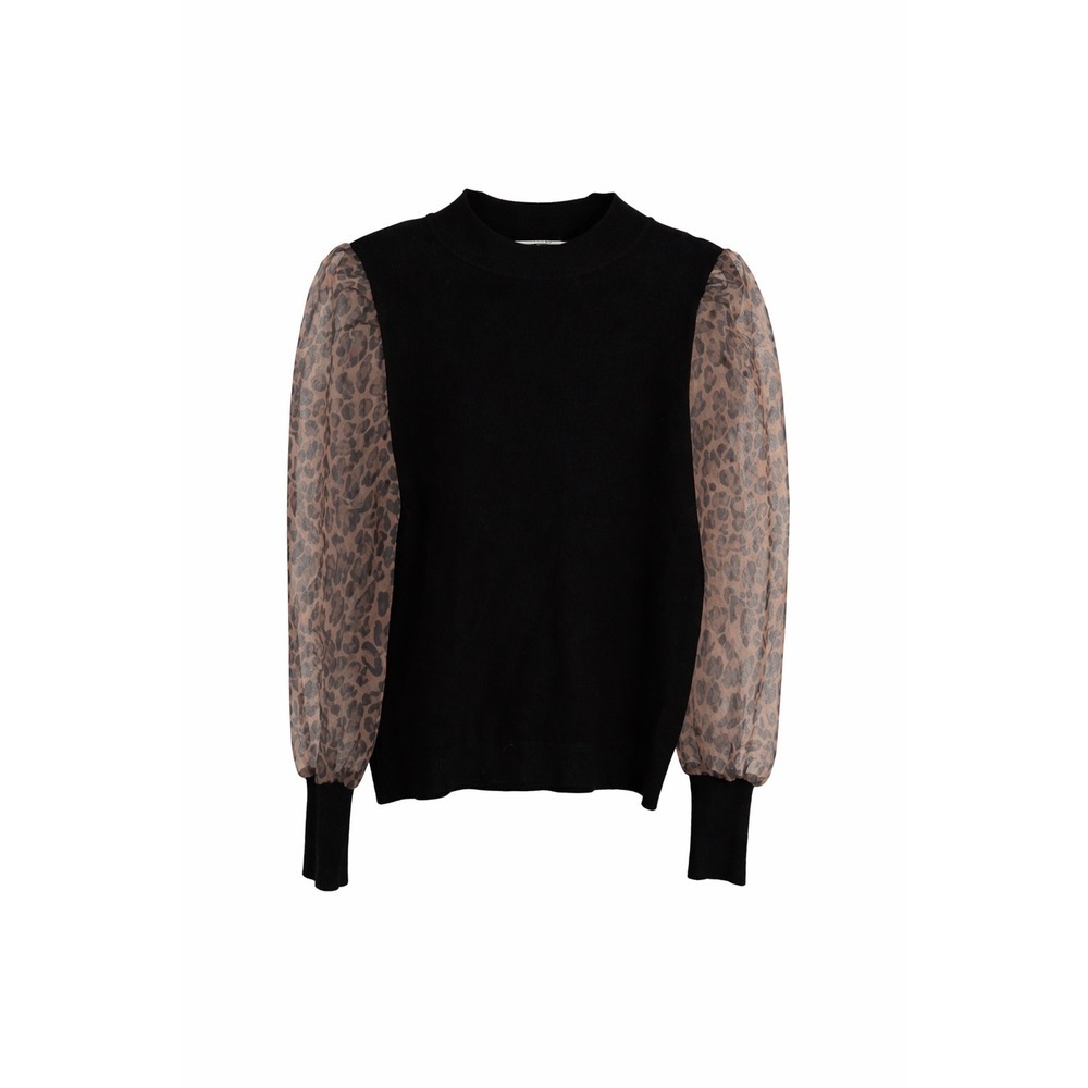 Sioni Leopard Print Sheer Sleeve Mock Neck Sweater Black Size Large MSRP $88